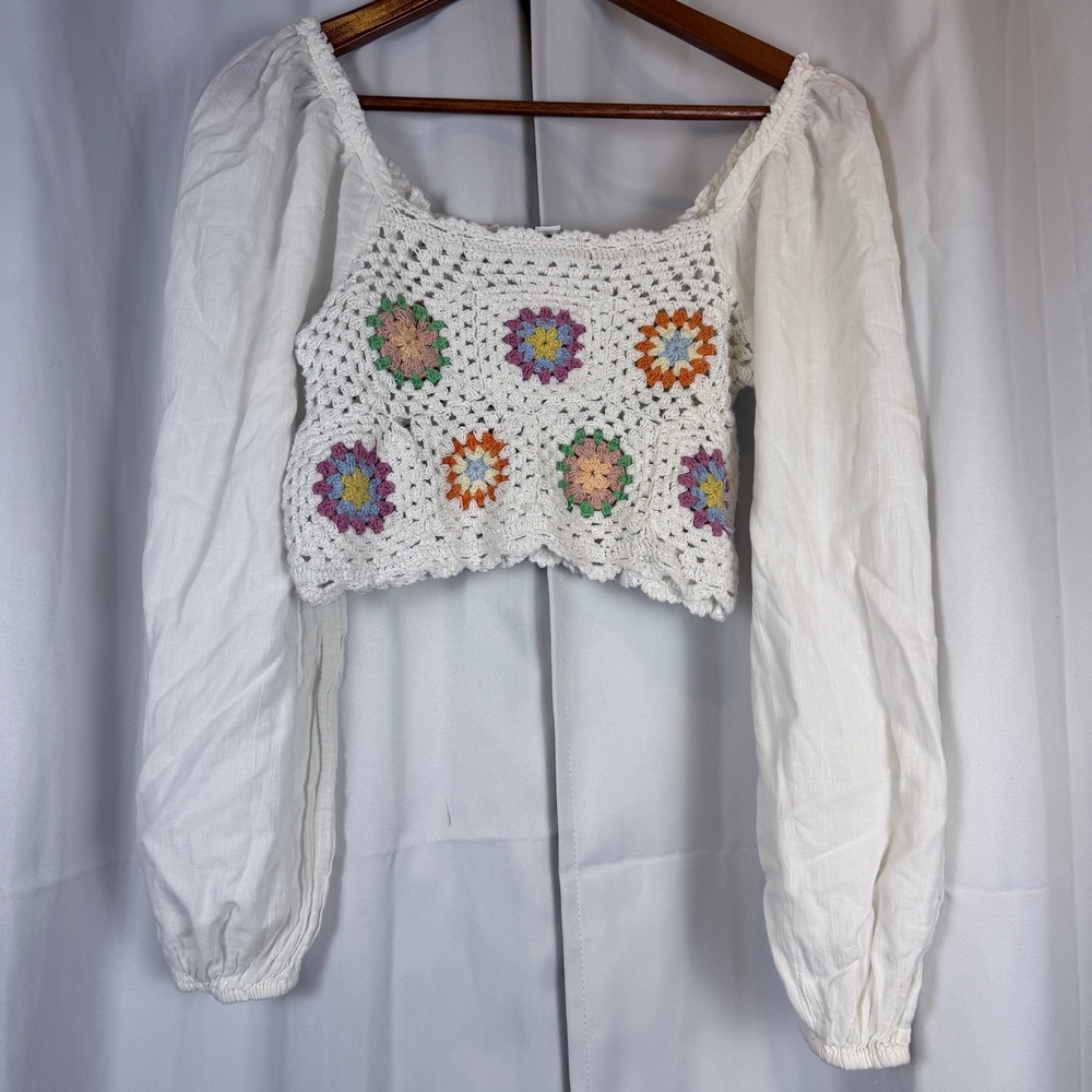 Aerie White Crochet Granny Square Floral Crop Top Puff Sleeve Boho Medium